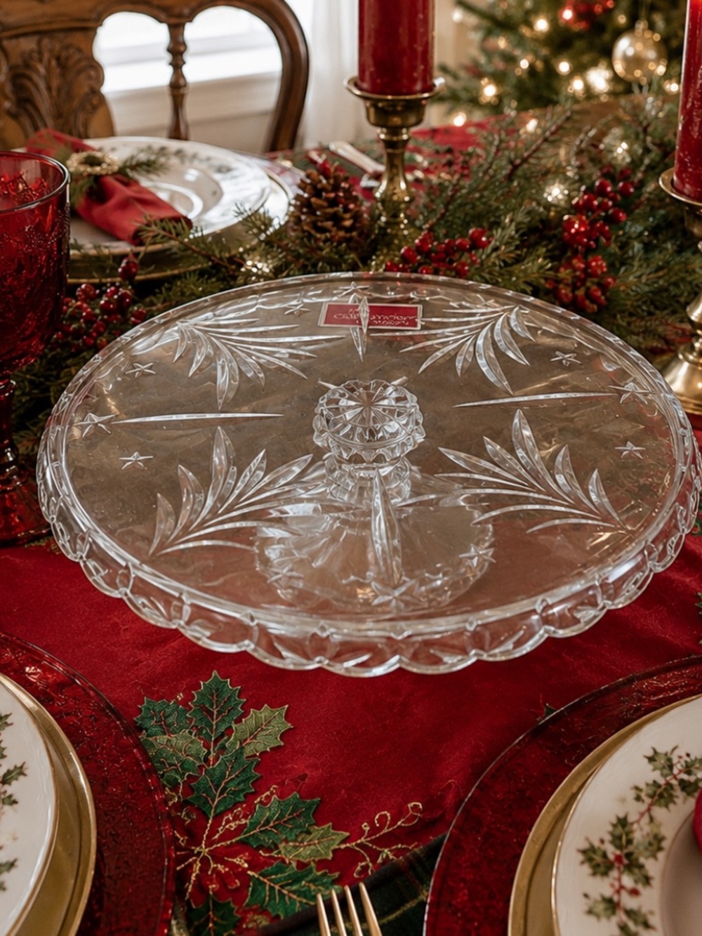 Vintage 90s Crystal Mikasa Christmas Night Pedestal Cake Plate Stand- Never Used